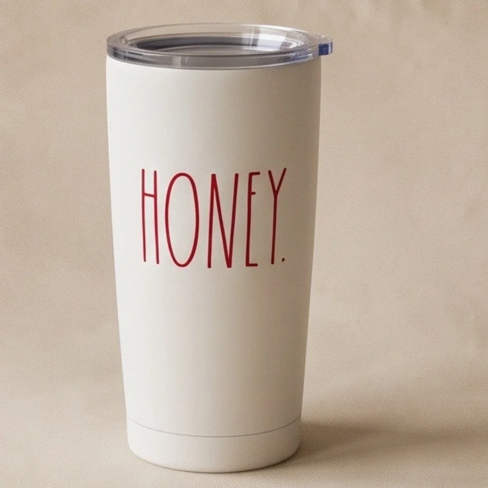 Rae Dunn HONEY Insulated Stainless Steel Tumbler 17oz White Red Travel Mug Lid